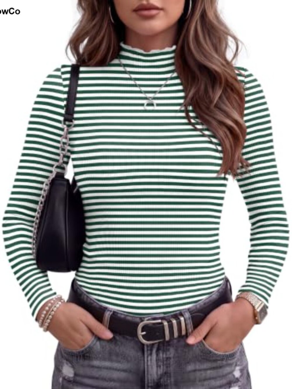 Women Long Sleeve Mock Neck Ribbed Slim Fit Top Lettuce Trim Tee
